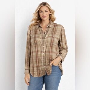 Lauren Ralph Lauren Womens Linen Shirt XL Brown Stripe Blouse Top Long S…